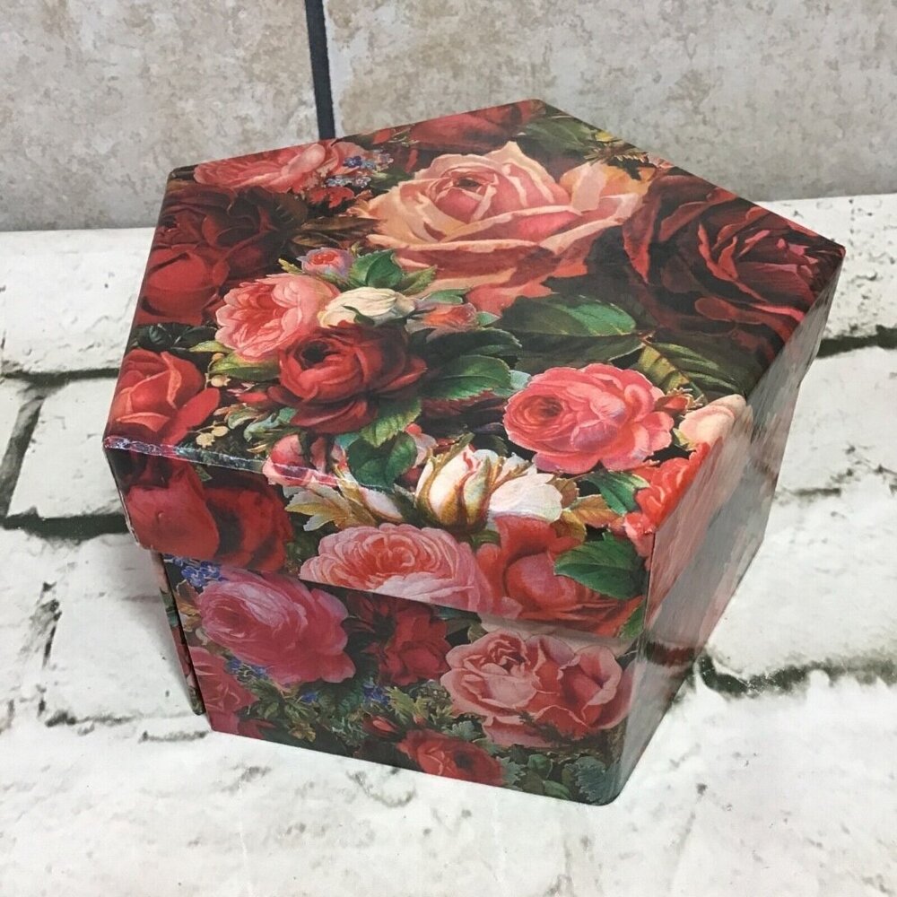 Tri Costal Design Decoupage Rose Box‎ Hexagon Multi Tray Pink Jewelry Trinket